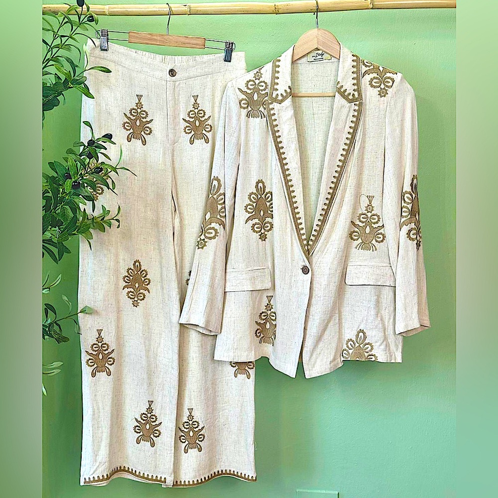 Embroidered Cream Linen Blazer and Pants Set